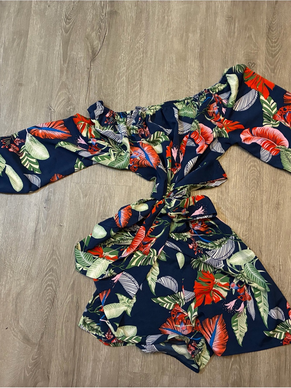 Navy Tropical Leaf Girls' Long-Sleeve Romper